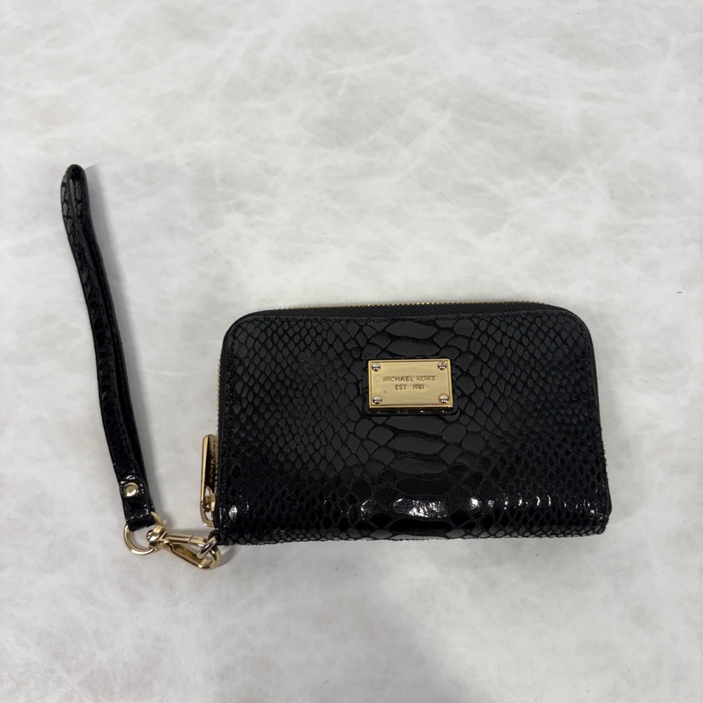Michael‎ Kors Black Snake-Embossed Wristlet with Gold Plate